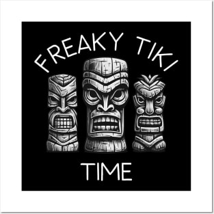 Three Tiki Statues - Freaky Tiki Time (White Lettering) Posters and Art